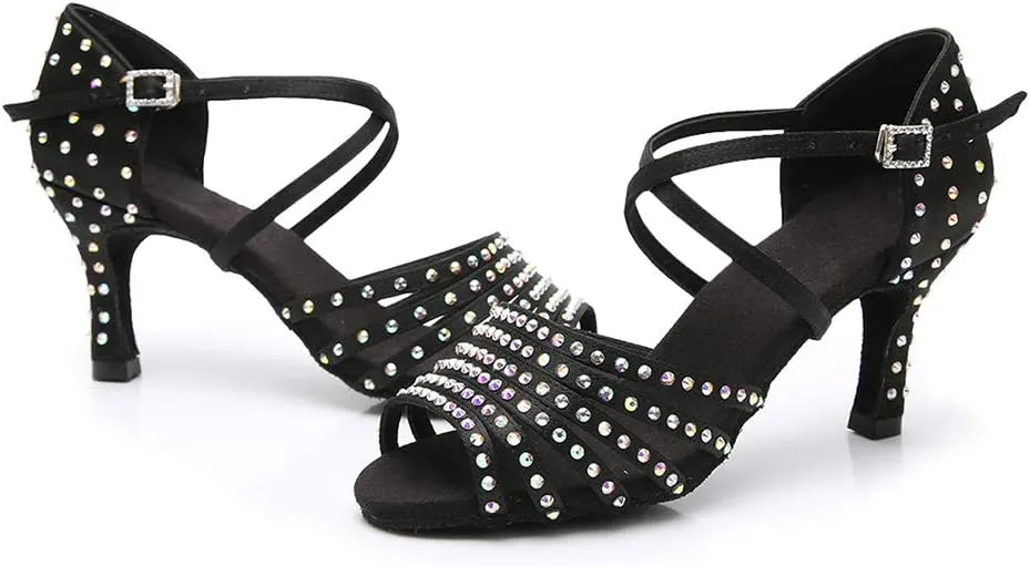 JUODVMPLatin Dance Practice Shoes Women's Satin Heels Latin with Rhinestone Dance Shoes Heels,Model D611