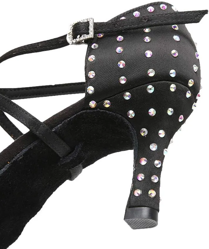 JUODVMPLatin Dance Practice Shoes Women's Satin Heels Latin with Rhinestone Dance Shoes Heels,Model D611