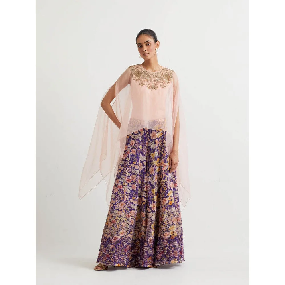 KAVITA BHARTIA Cape & Floral Dress in Purple (Set of 3)