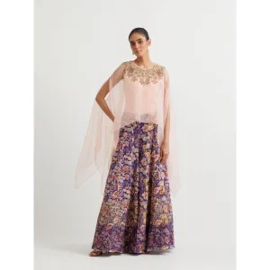 KAVITA BHARTIA Cape & Floral Dress in Purple (Set of 3)