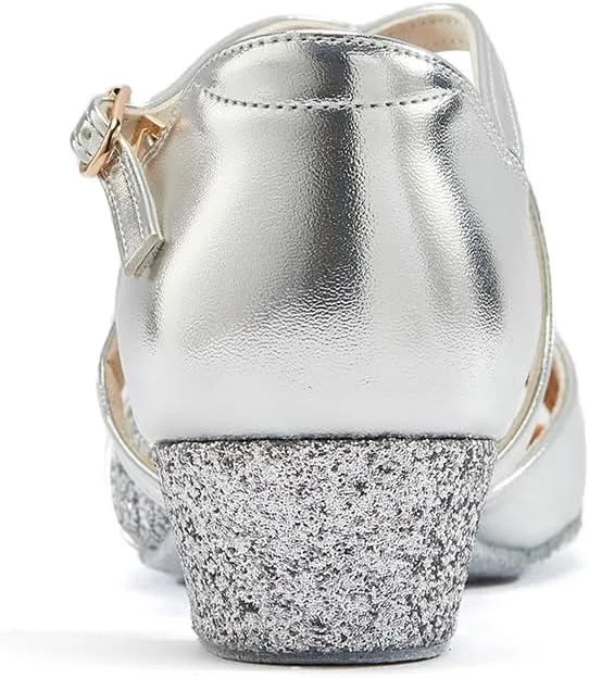 missfiona Girls Soft-Soled Glittering Latin Ballroom Dance Shoes Kids Low Heels
