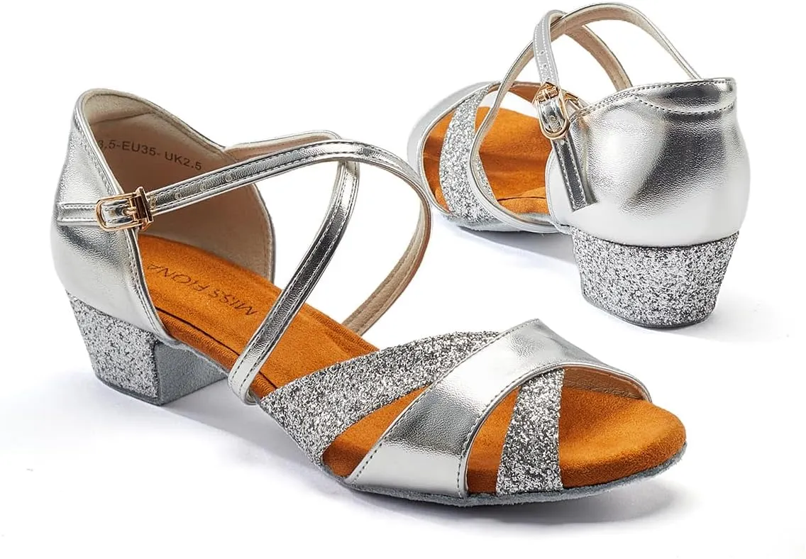 missfiona Girls Soft-Soled Glittering Latin Ballroom Dance Shoes Kids Low Heels
