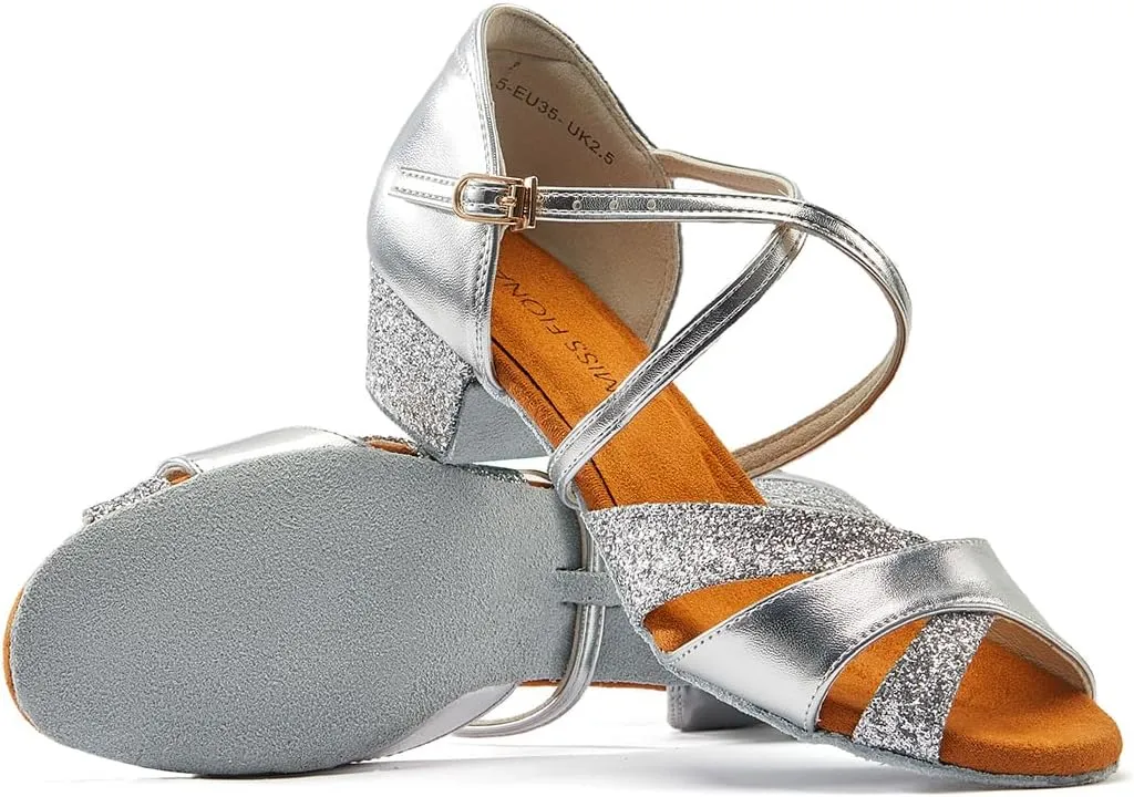 missfiona Girls Soft-Soled Glittering Latin Ballroom Dance Shoes Kids Low Heels