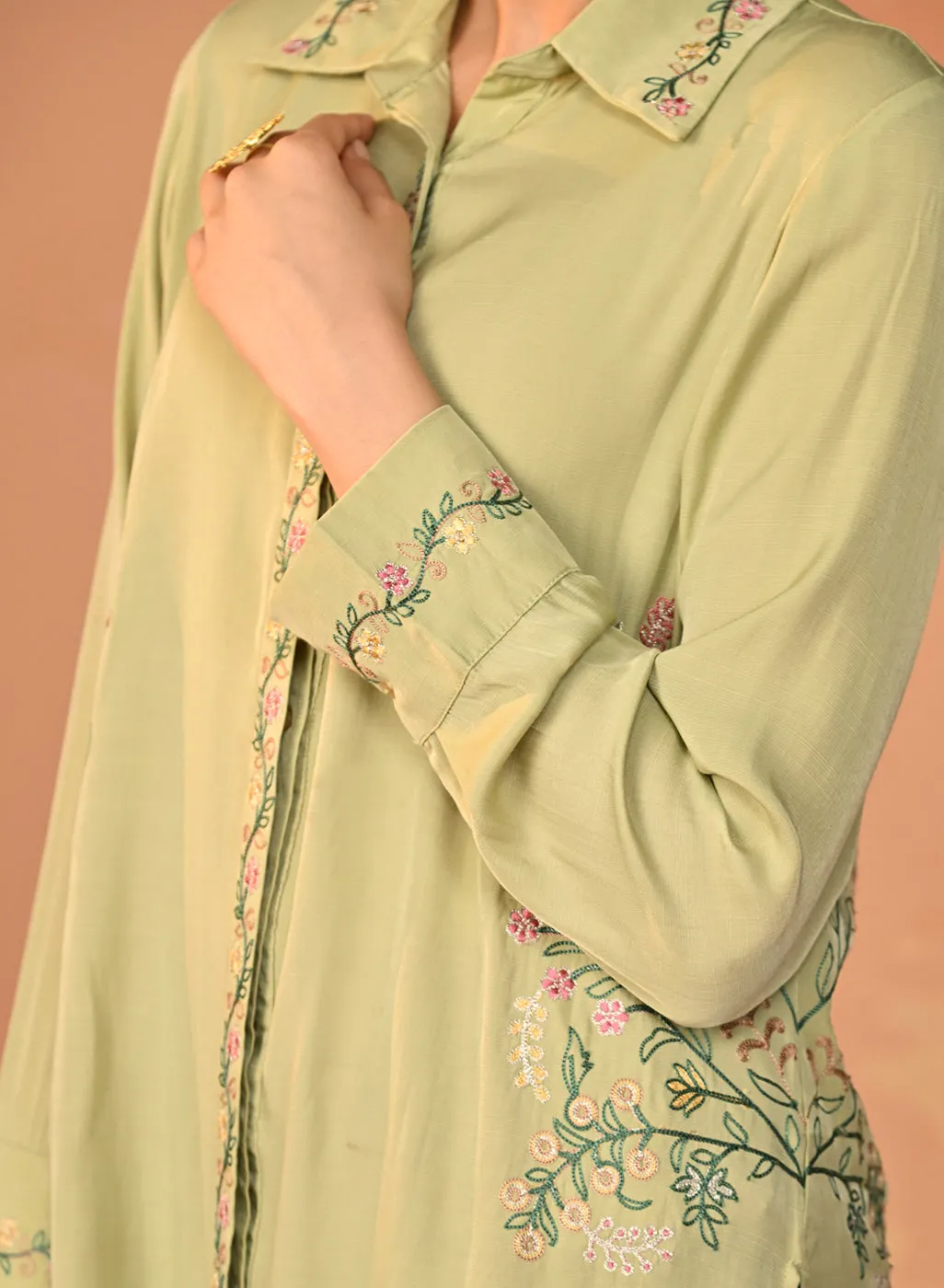 Nausheen Apple Green Embroidered Viscose Shirt for Women