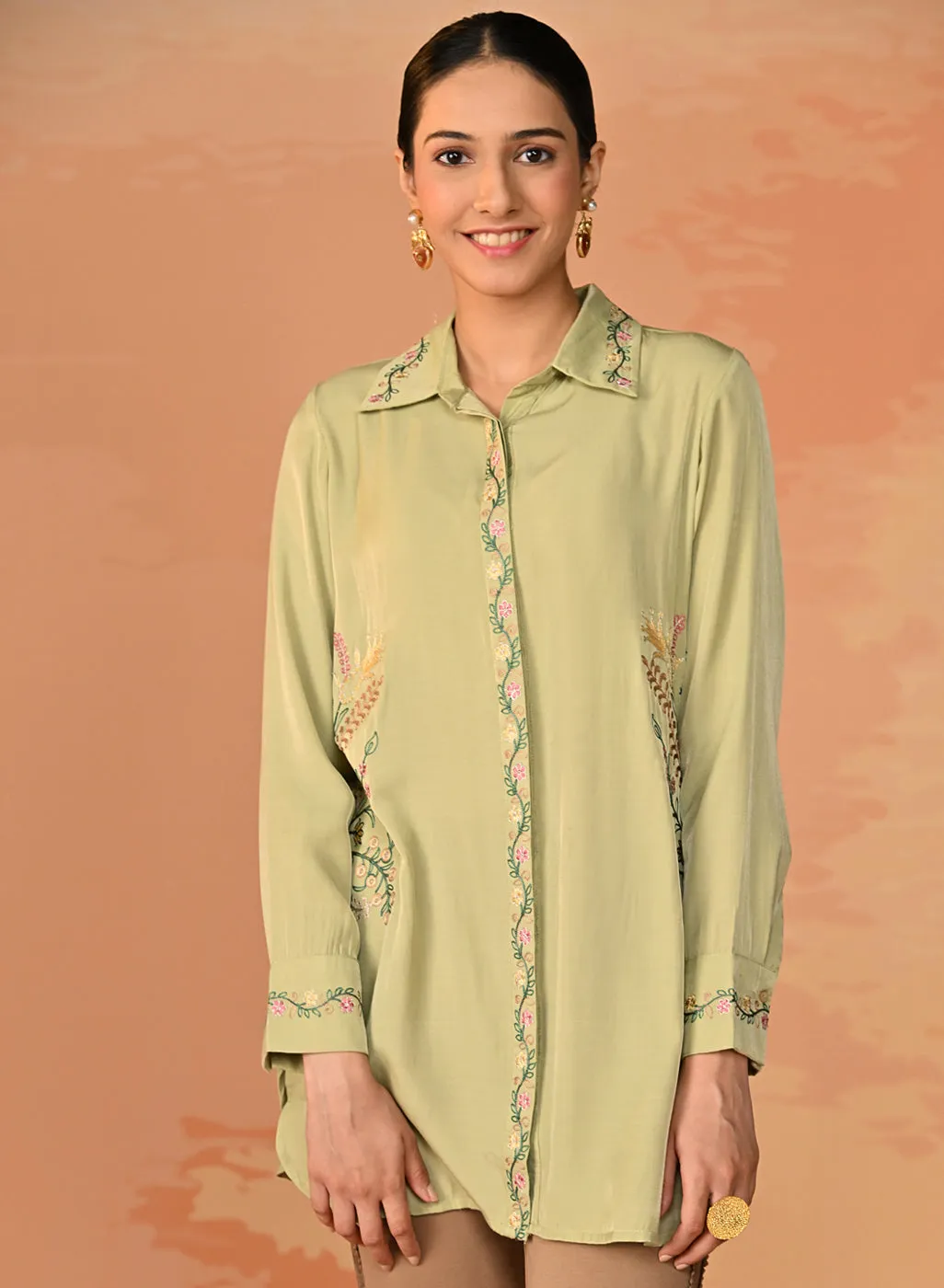 Nausheen Apple Green Embroidered Viscose Shirt for Women