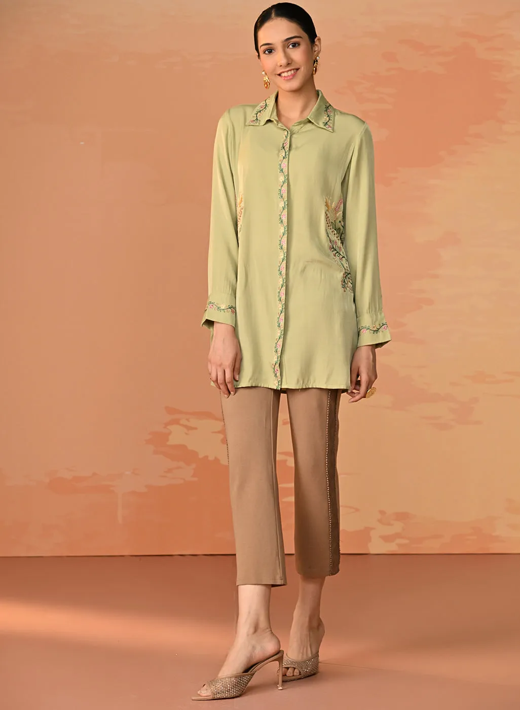 Nausheen Apple Green Embroidered Viscose Shirt for Women
