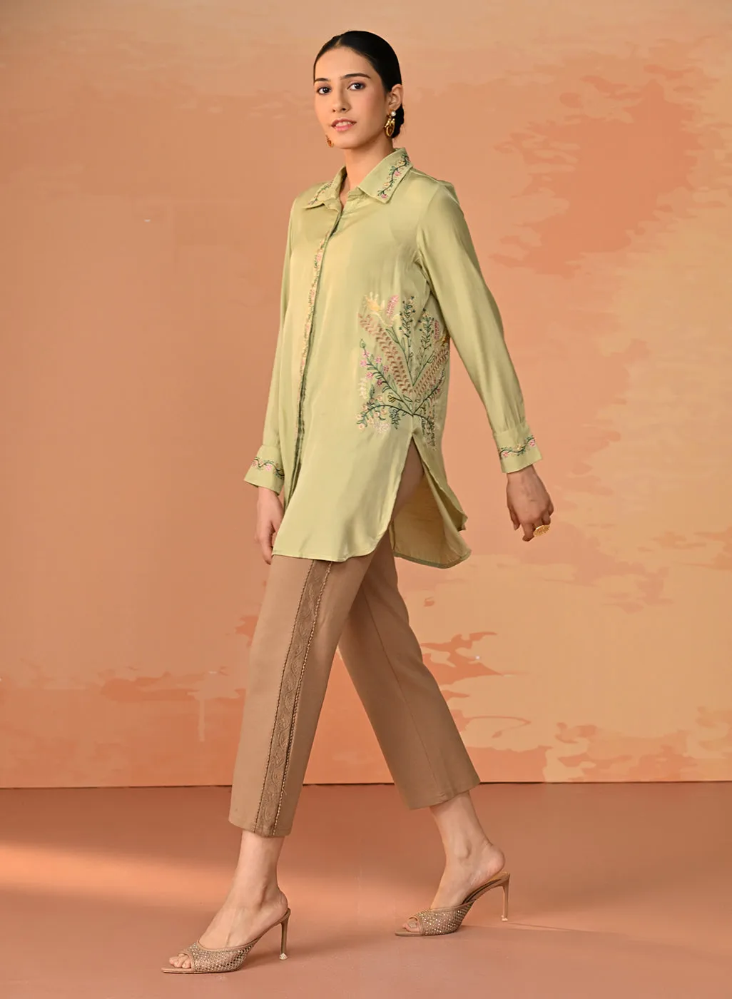 Nausheen Apple Green Embroidered Viscose Shirt for Women