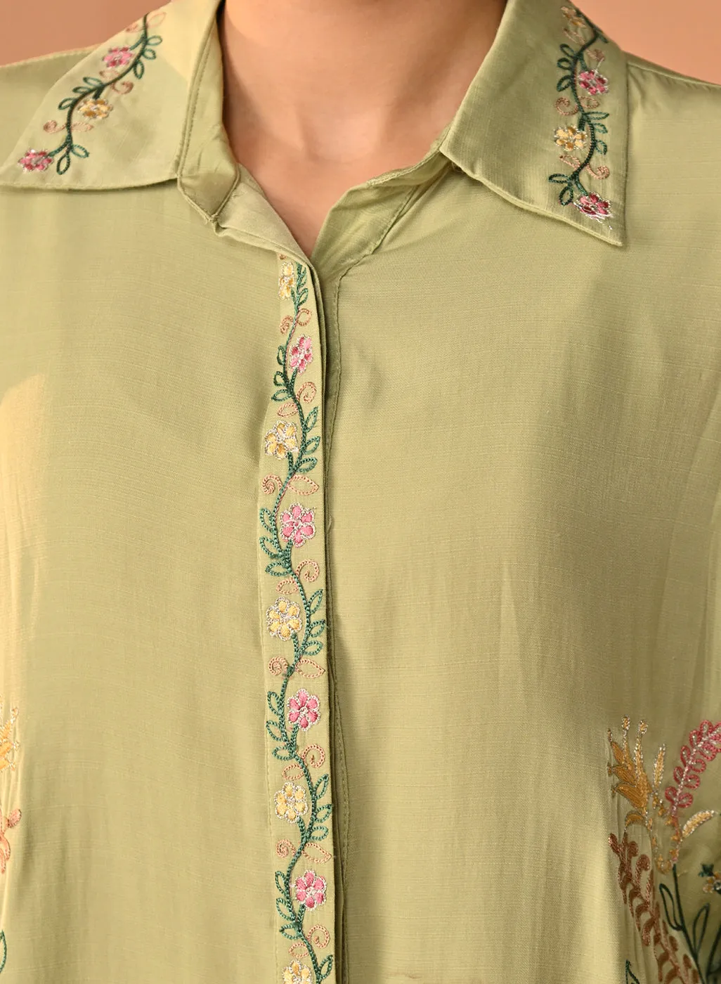 Nausheen Apple Green Embroidered Viscose Shirt for Women
