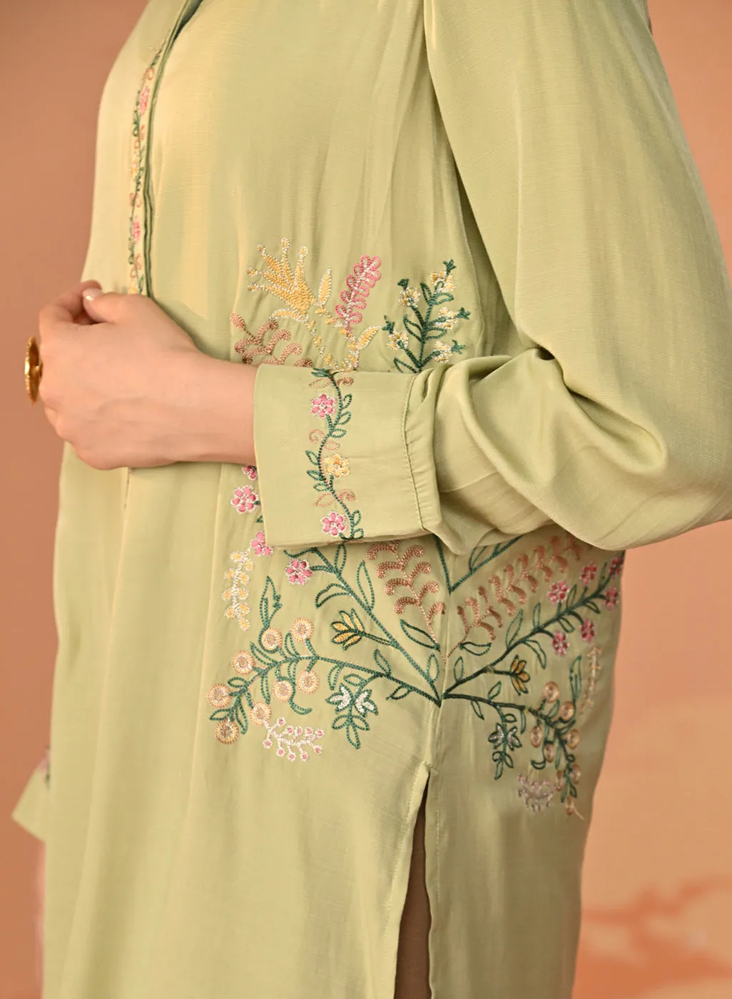 Nausheen Apple Green Embroidered Viscose Shirt for Women