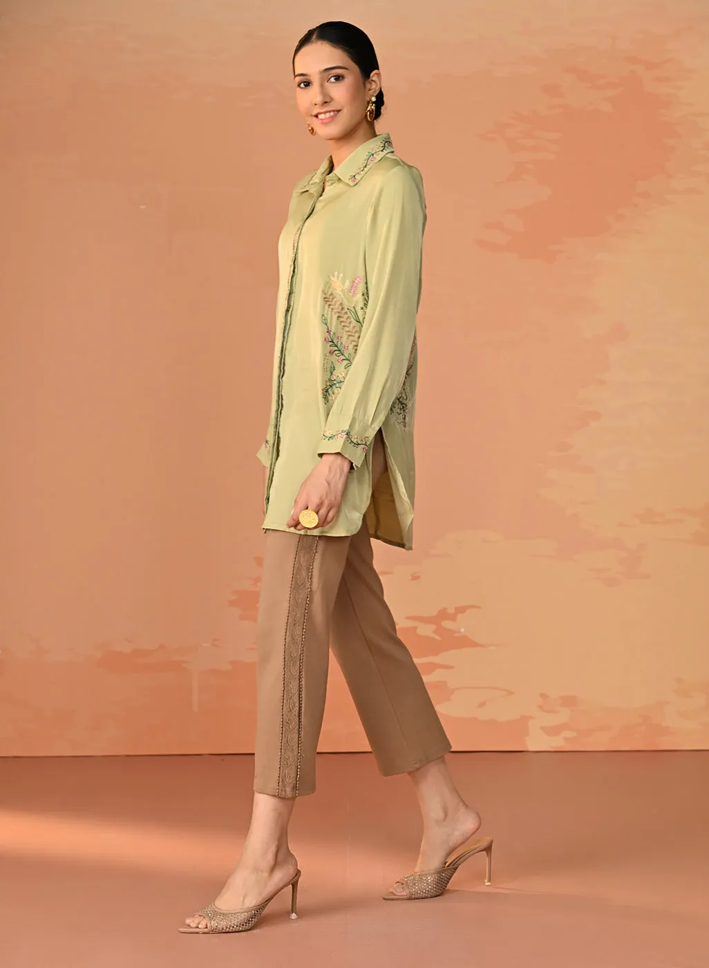 Nausheen Apple Green Embroidered Viscose Shirt for Women