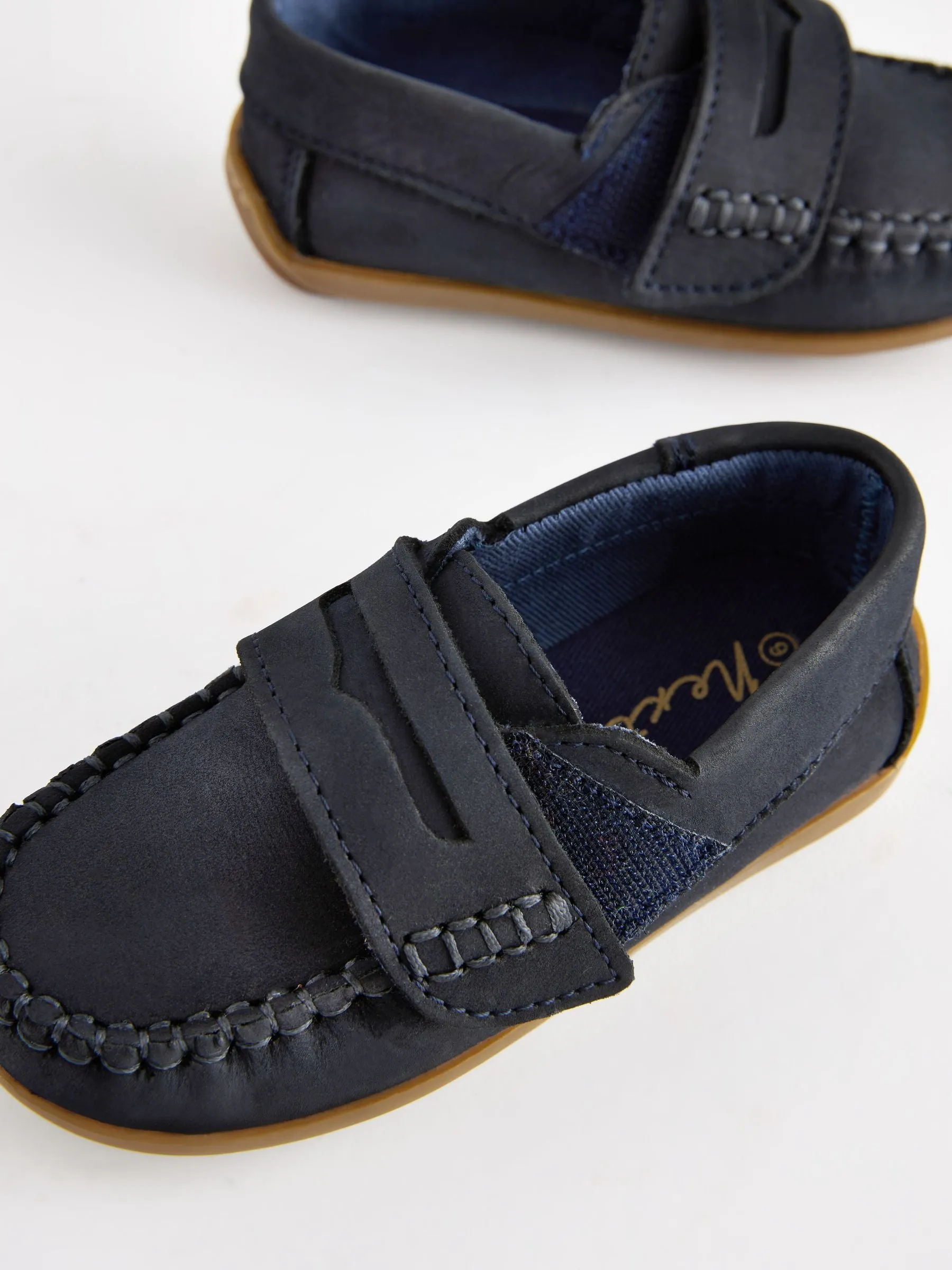 Navy Standard Fit (F) Leather Penny Loafers with Touch and Close Fastening