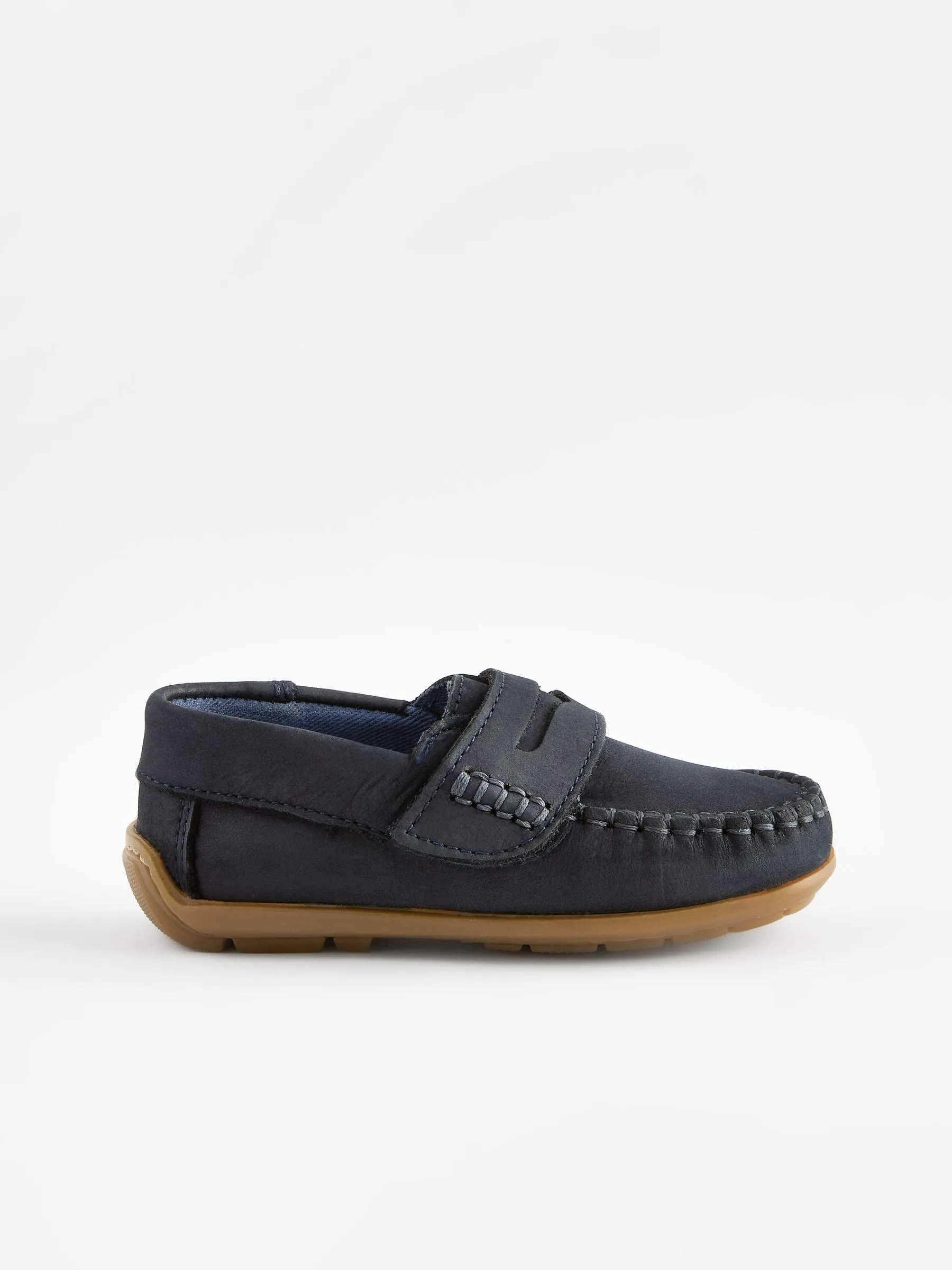 Navy Standard Fit (F) Leather Penny Loafers with Touch and Close Fastening