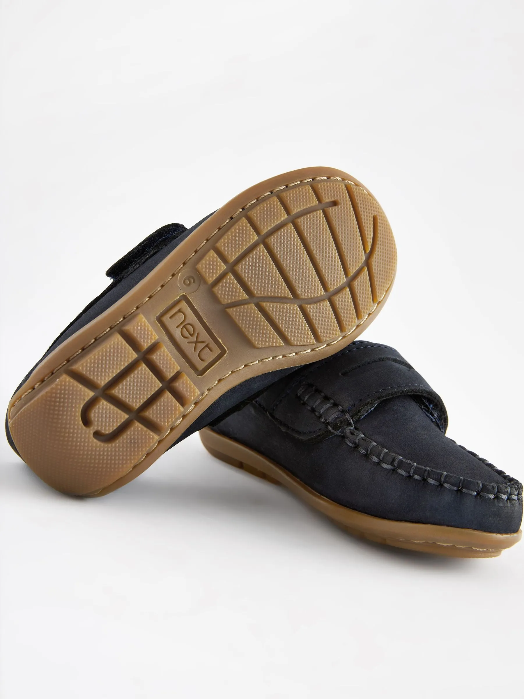 Navy Standard Fit (F) Leather Penny Loafers with Touch and Close Fastening