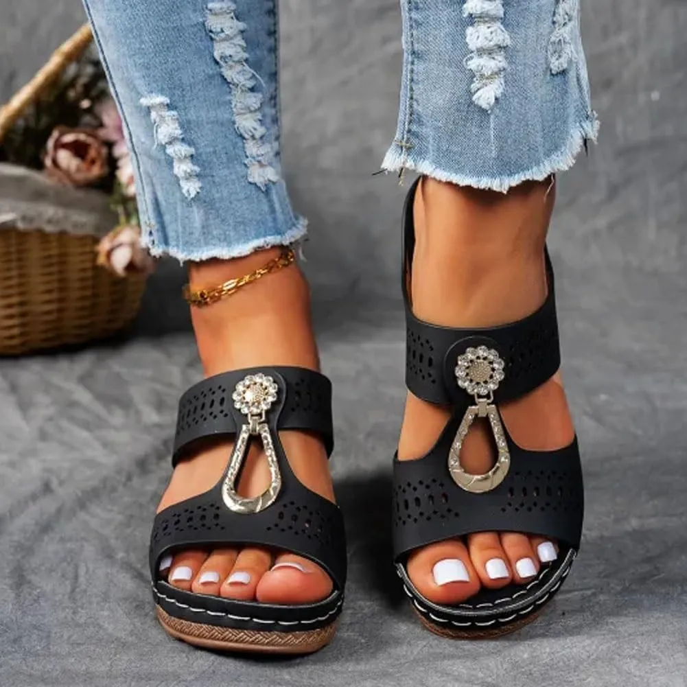 Orthopedic Rhinestones Heel Dress Sandals for Women,Ladies Flower Summer Block Heels Shoes,Open Toe Sandal with Arch Support(Khaki,41)