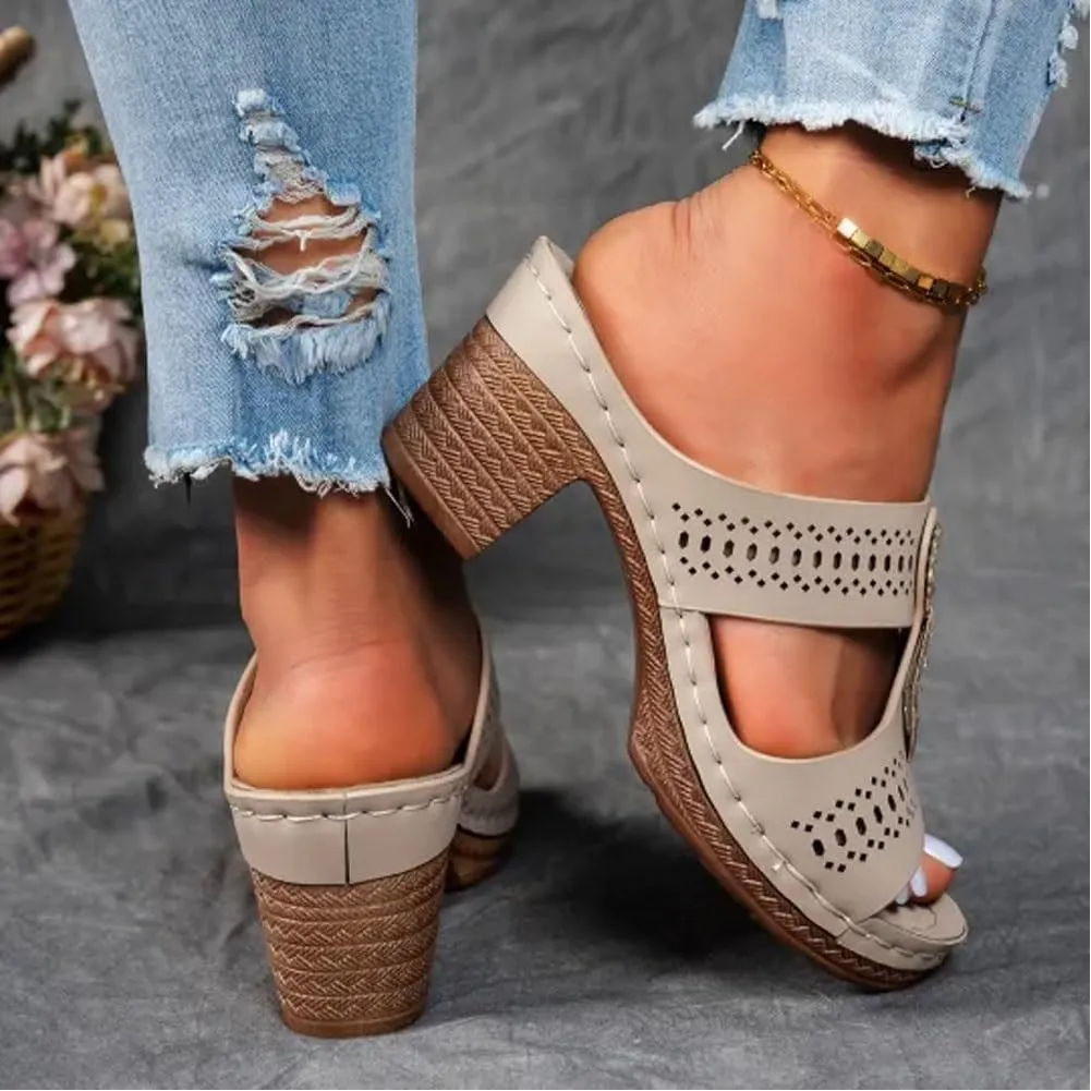 Orthopedic Rhinestones Heel Dress Sandals for Women,Ladies Flower Summer Block Heels Shoes,Open Toe Sandal with Arch Support(Khaki,41)