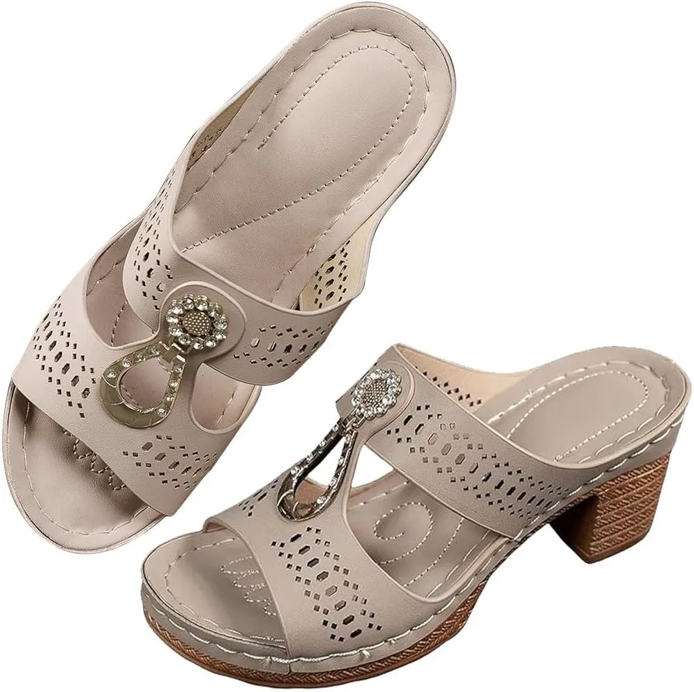 Orthopedic Rhinestones Heel Dress Sandals for Women,Ladies Flower Summer Block Heels Shoes,Open Toe Sandal with Arch Support(Khaki,41)