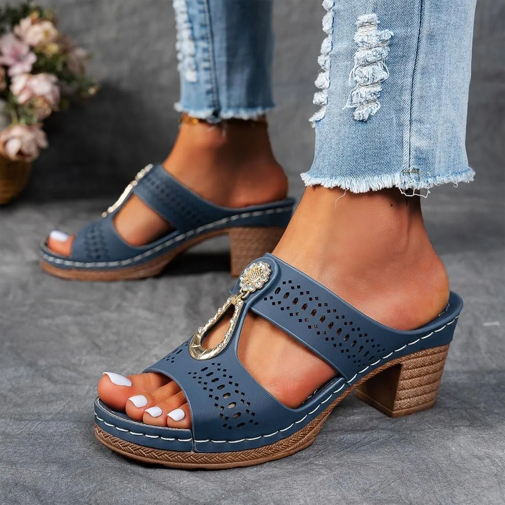 Orthopedic Rhinestones Heel Dress Sandals for Women,Ladies Flower Summer Block Heels Shoes,Open Toe Sandal with Arch Support(Khaki,41)