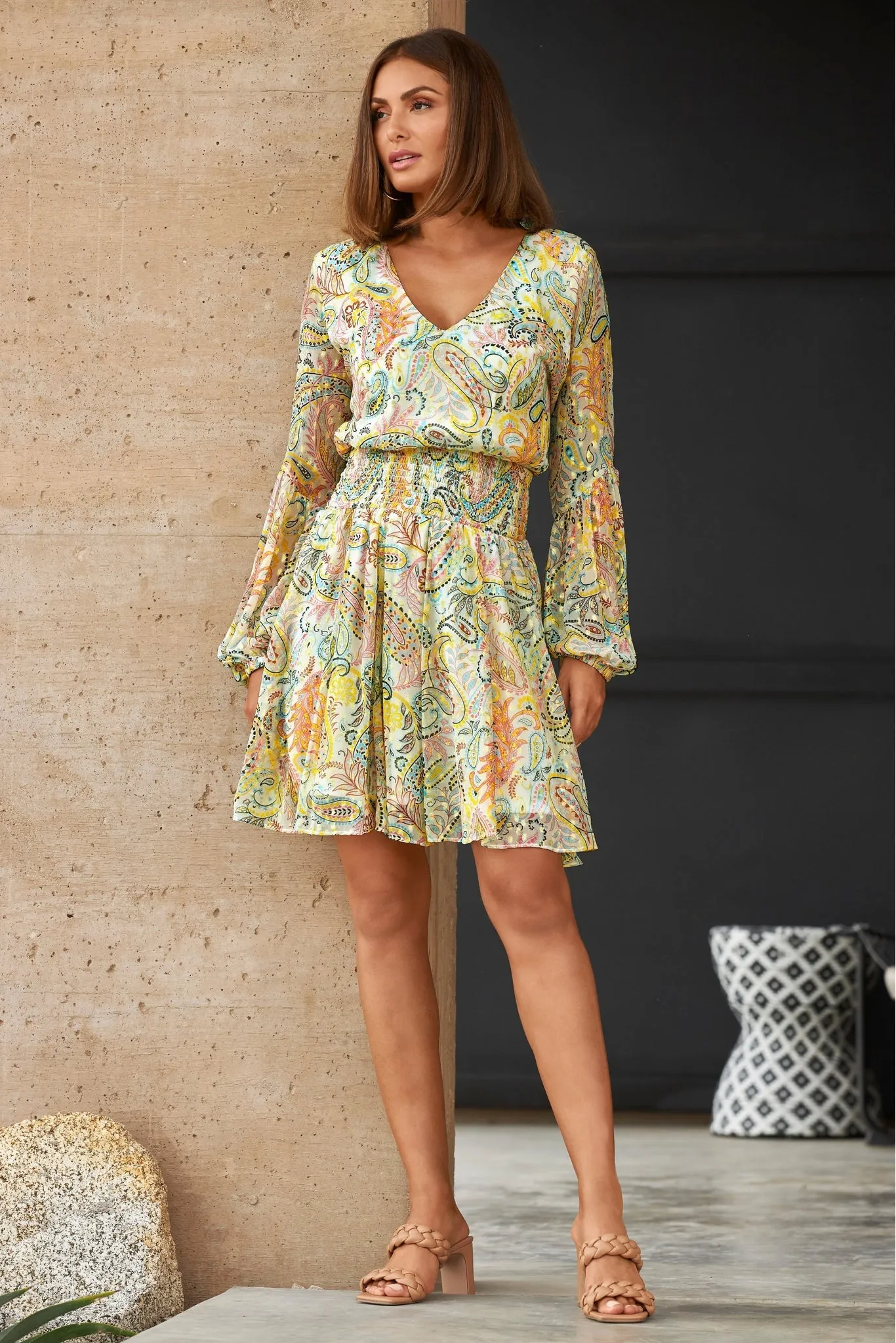 Paisley Print Smocked Peasant Dress Pink Multi