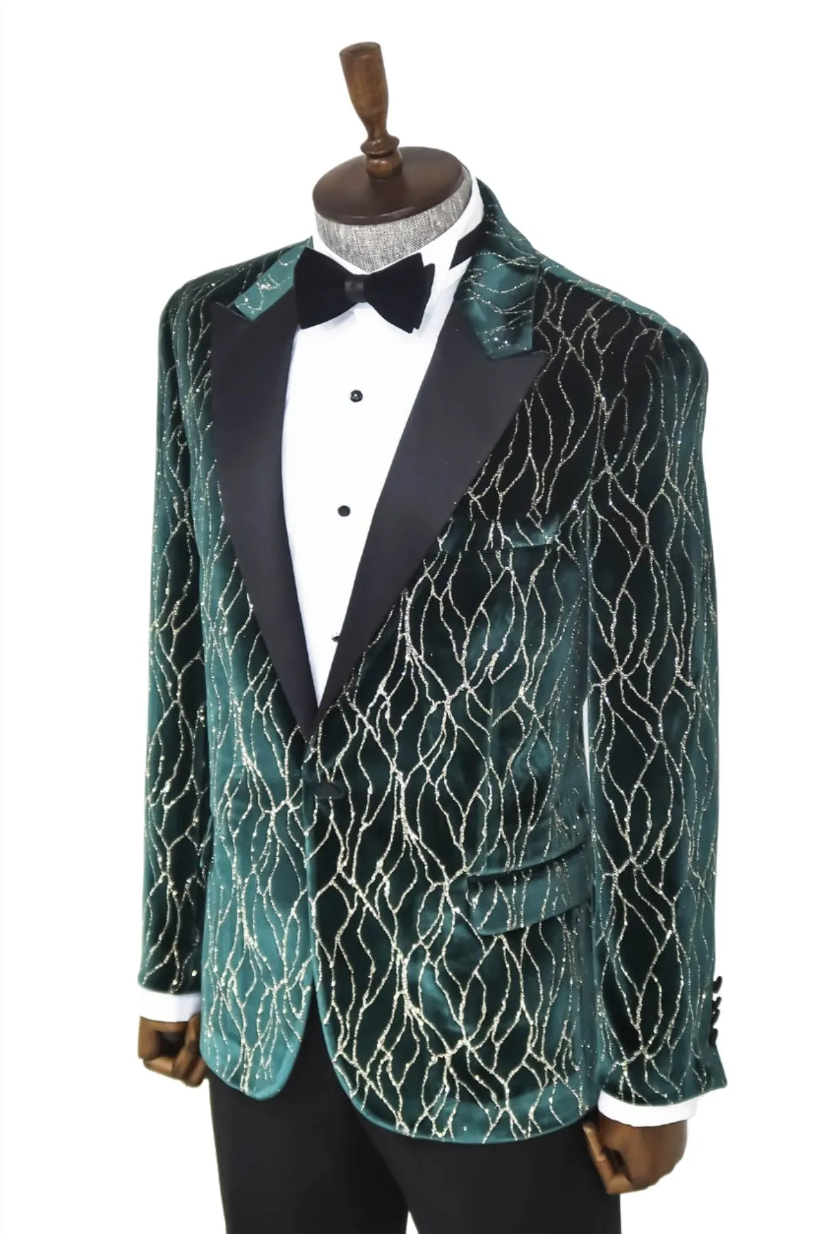 Patterned Dark Green Velvet Men Singer Tuxedo Blazer - Wessi