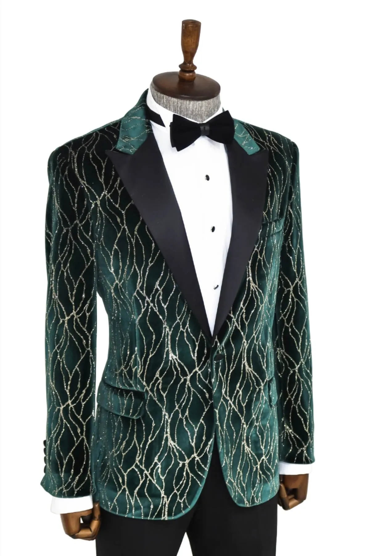 Patterned Dark Green Velvet Men Singer Tuxedo Blazer - Wessi