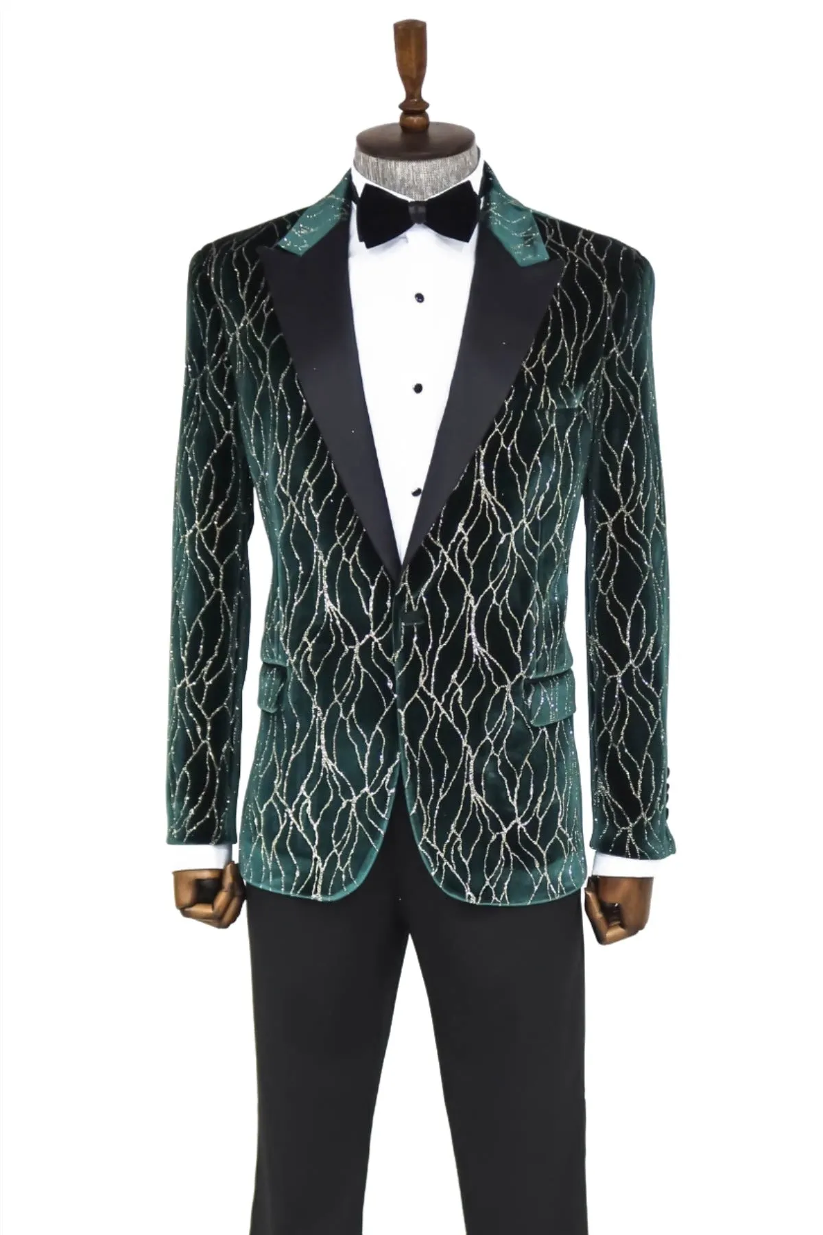 Patterned Dark Green Velvet Men Singer Tuxedo Blazer - Wessi