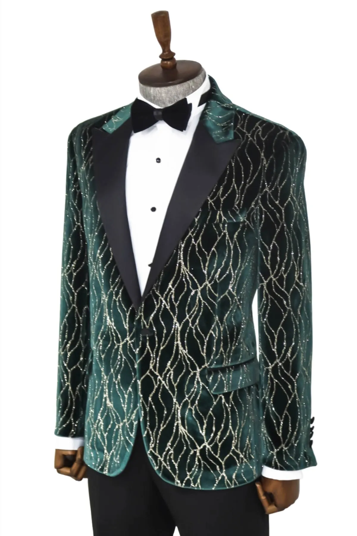 Patterned Dark Green Velvet Men Singer Tuxedo Blazer - Wessi