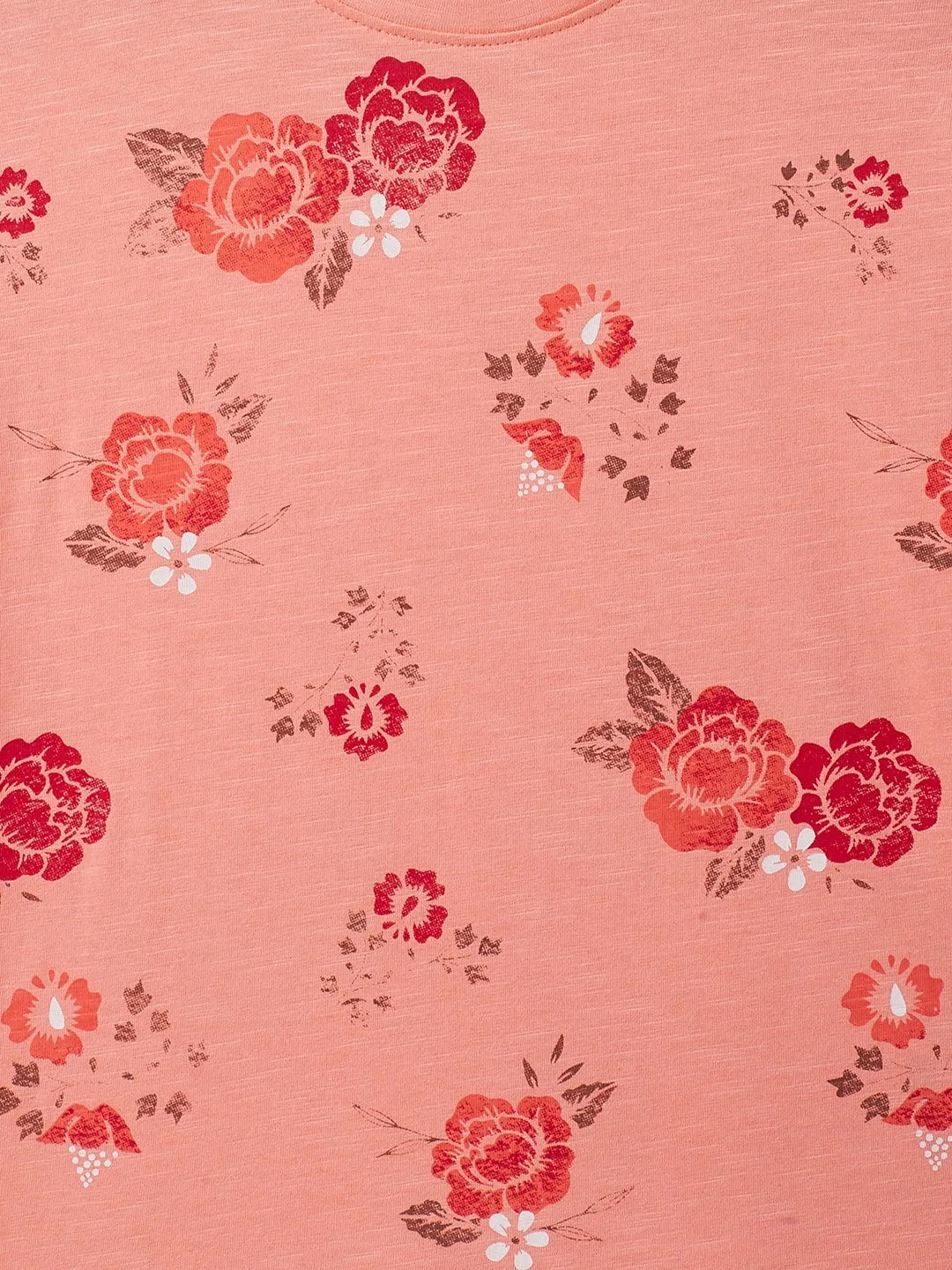 Peach Printed Round Neck T-Shirt