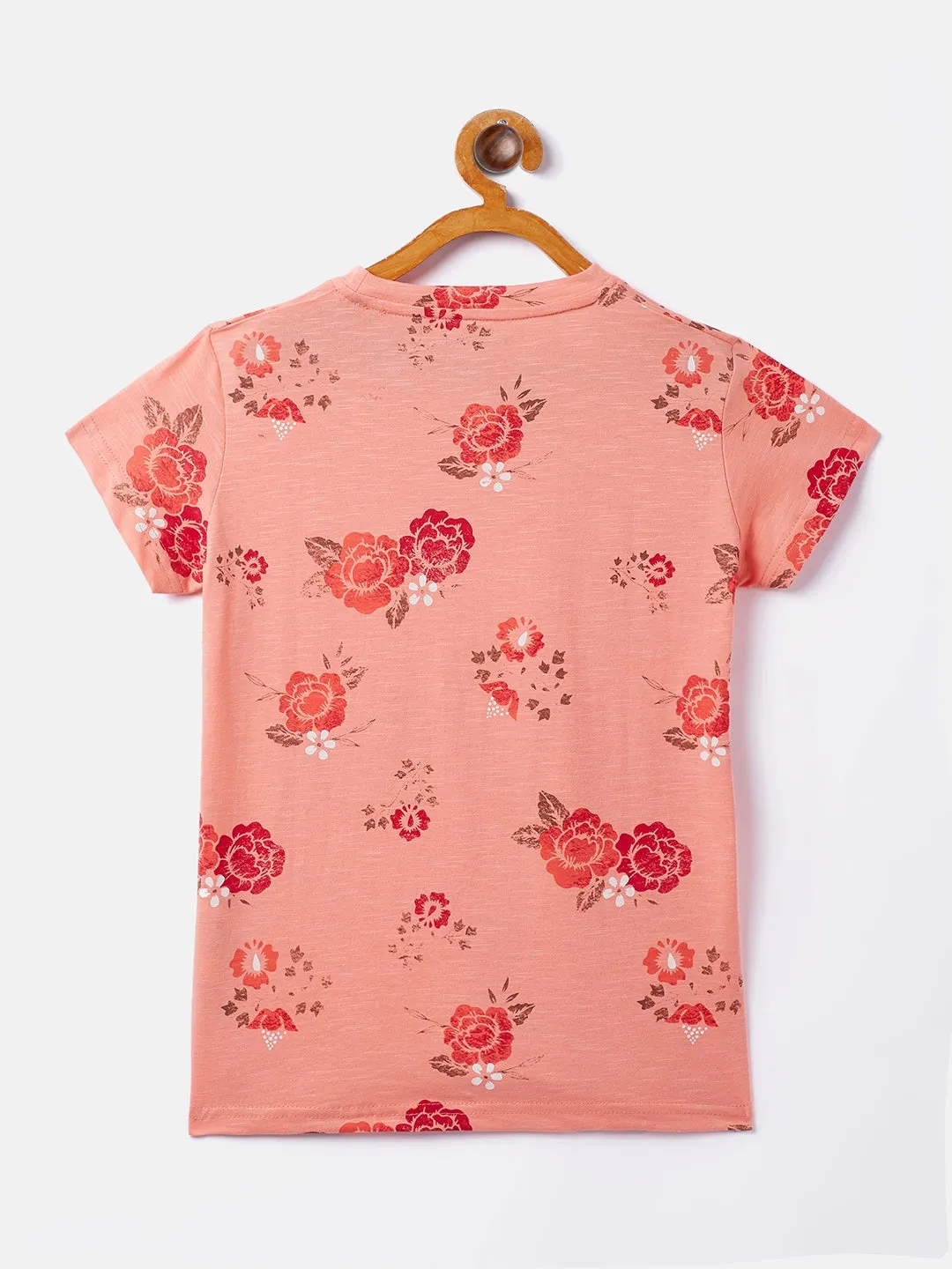 Peach Printed Round Neck T-Shirt