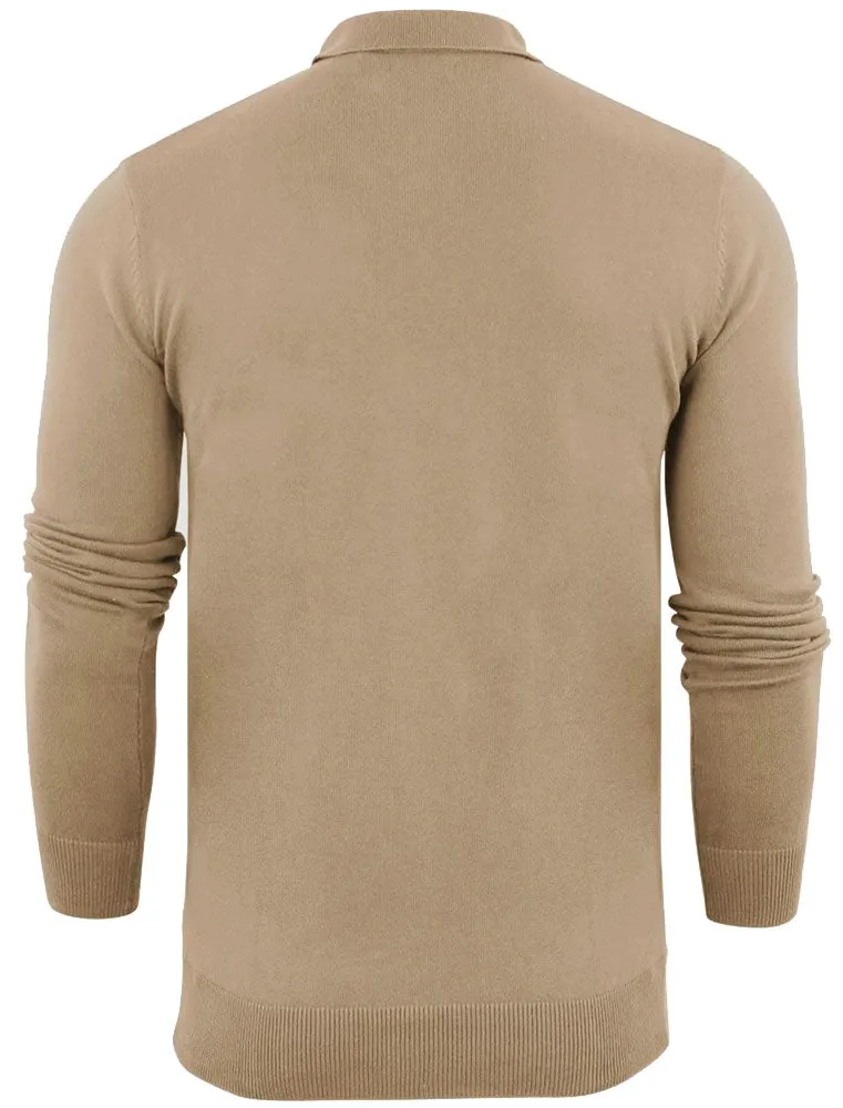 Placket C Long Sleeve Knitted Polo Shirt in Stone