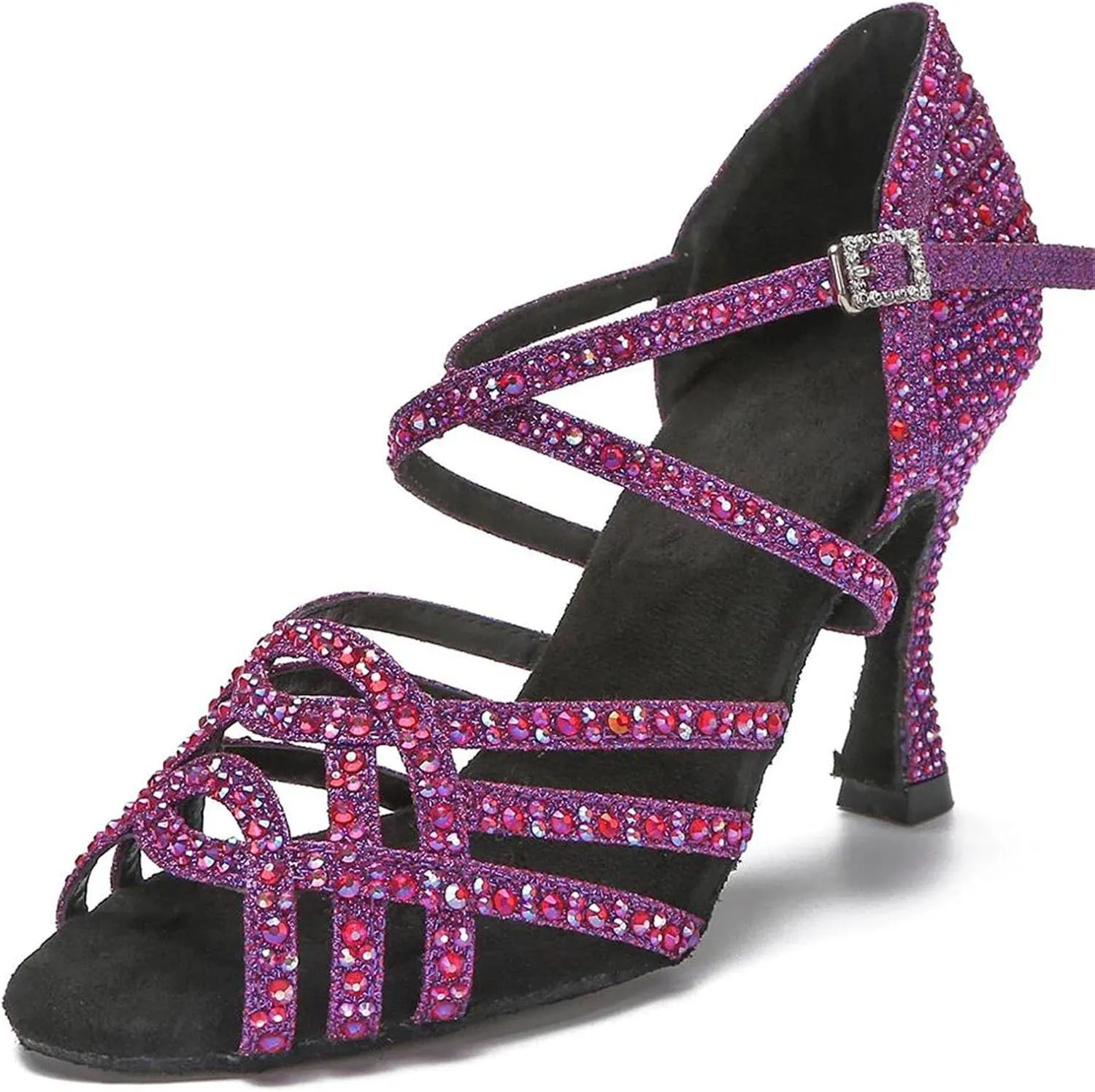 Purple/Black Dance Sandals - Rhinestone Ballroom Training Heels (9CM/3.54")