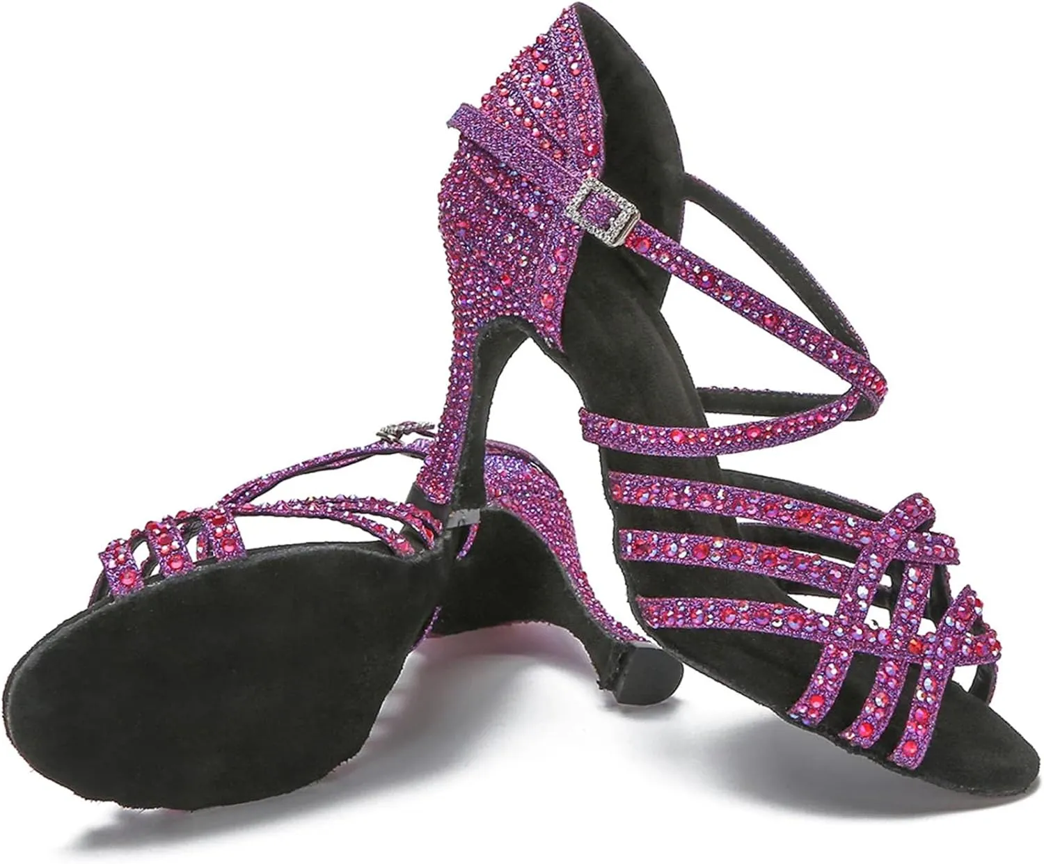 Purple/Black Dance Sandals - Rhinestone Ballroom Training Heels (9CM/3.54")