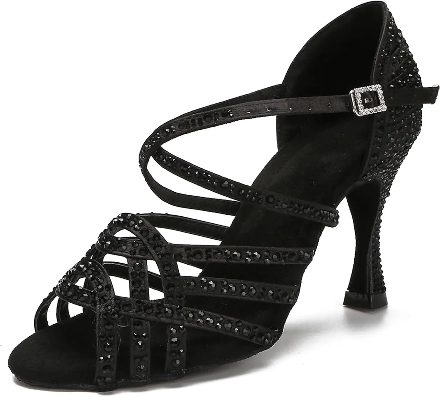 Purple/Black Dance Sandals - Rhinestone Ballroom Training Heels (9CM/3.54")