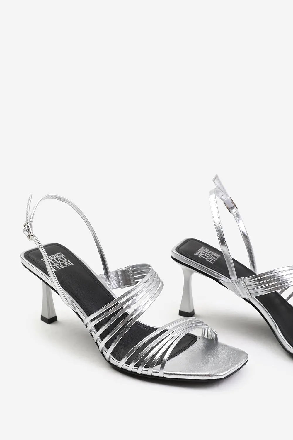 SAMMI WIDE FIT SQUARE TOE LOW BLOCK SLINGBACK HEEL WITH MULTI STRAP DETAIL IN SILVER METALLIC FAUX LEATHER