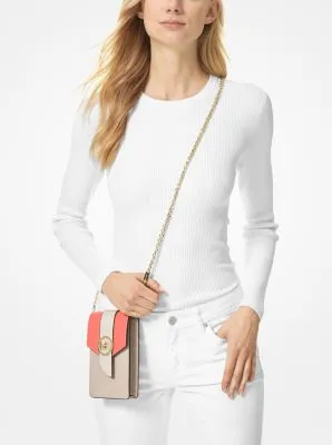 Small Tri-Color Saffiano Leather Smartphone Crossbody Bag