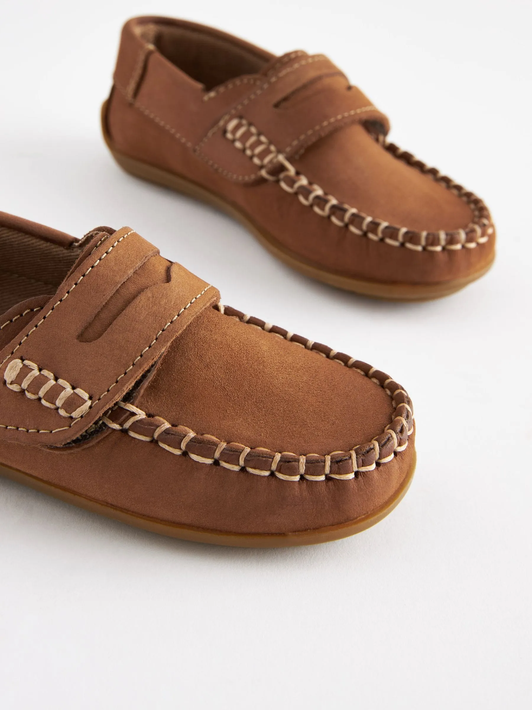 Tan Brown Standard Fit (F) Leather Penny Loafers with Touch and Close Fastening