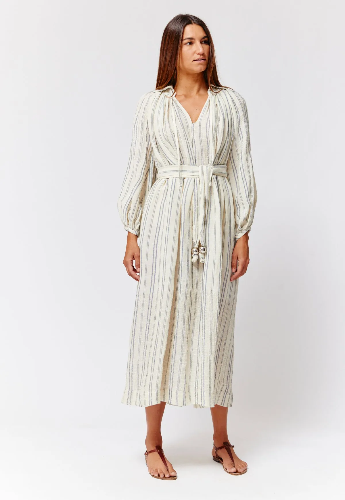 THE POET DRESS in NATURAL & NAVY STRIPED CHIOS GAUZE