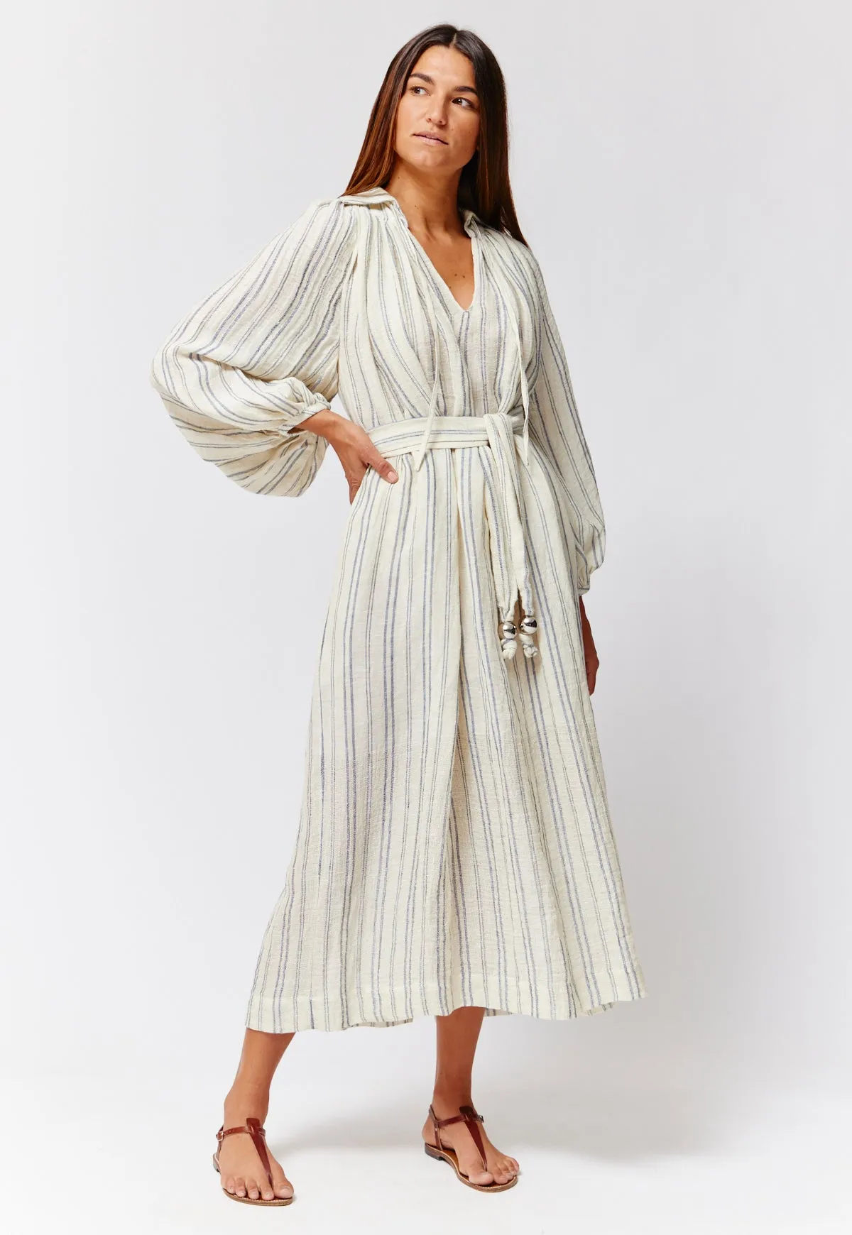 THE POET DRESS in NATURAL & NAVY STRIPED CHIOS GAUZE