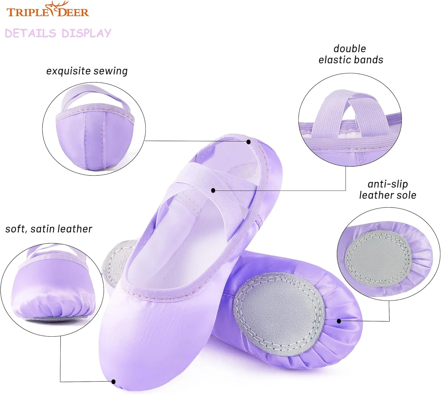 TRIPLE DEER Ballet Shoes for Girls, Satin Dance Practice Slippers Split Soft Leather Flat Sole Yoga Gymnastics Shoes (Toddler/Little/Big Kid)