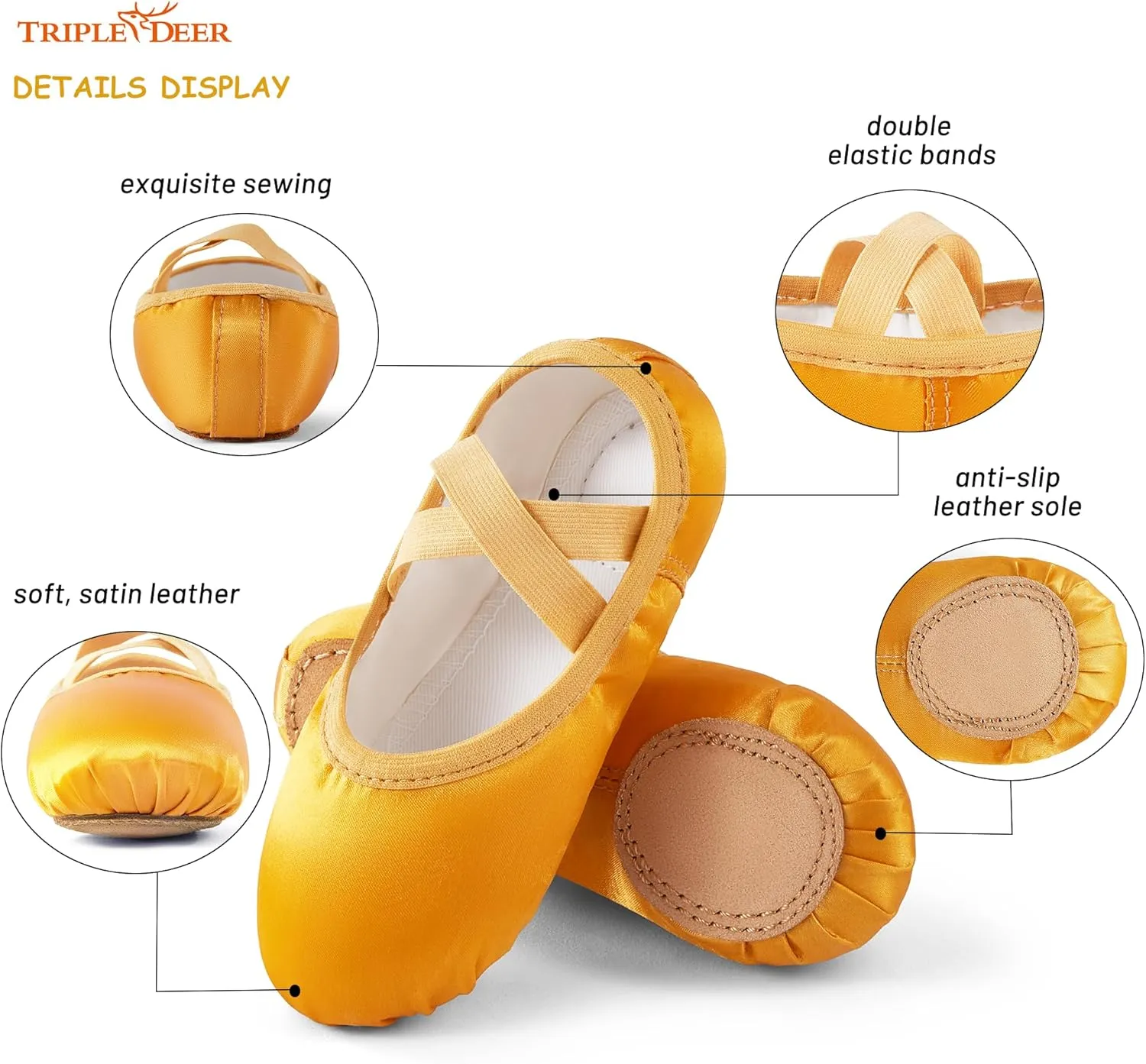 TRIPLE DEER Ballet Shoes for Girls, Satin Dance Practice Slippers Split Soft Leather Flat Sole Yoga Gymnastics Shoes (Toddler/Little/Big Kid)