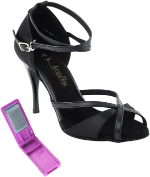 Very Fine Dance Shoes - Ladies Latin, Rhythm, Salsa, Waltz Ballroom Dance Shoes - 2829LEDSS - 3.5-inch Heel and Foldable Brush Bundle - Black Satin - Black Trim - 8.5