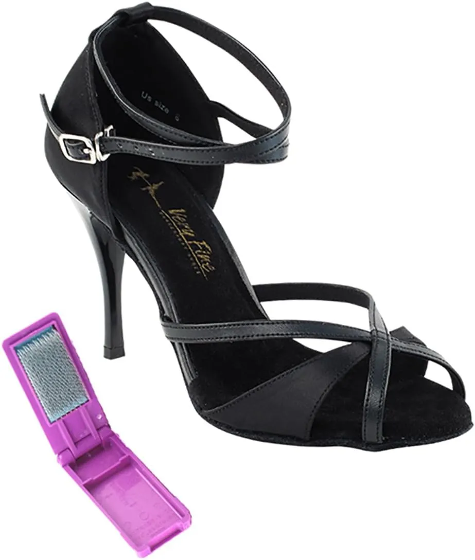 Very Fine Dance Shoes - Ladies Latin, Rhythm, Salsa, Waltz Ballroom Dance Shoes - 2829LEDSS - 3.5-inch Heel and Foldable Brush Bundle - Black Satin - Black Trim - 8.5