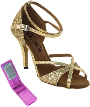 Very Fine Dance Shoes - Ladies Latin, Rhythm, Salsa, Waltz Ballroom Dance Shoes - 2829LEDSS - 3.5-inch Heel and Foldable Brush Bundle - Snake Gold - Gold Sparklenet - 8