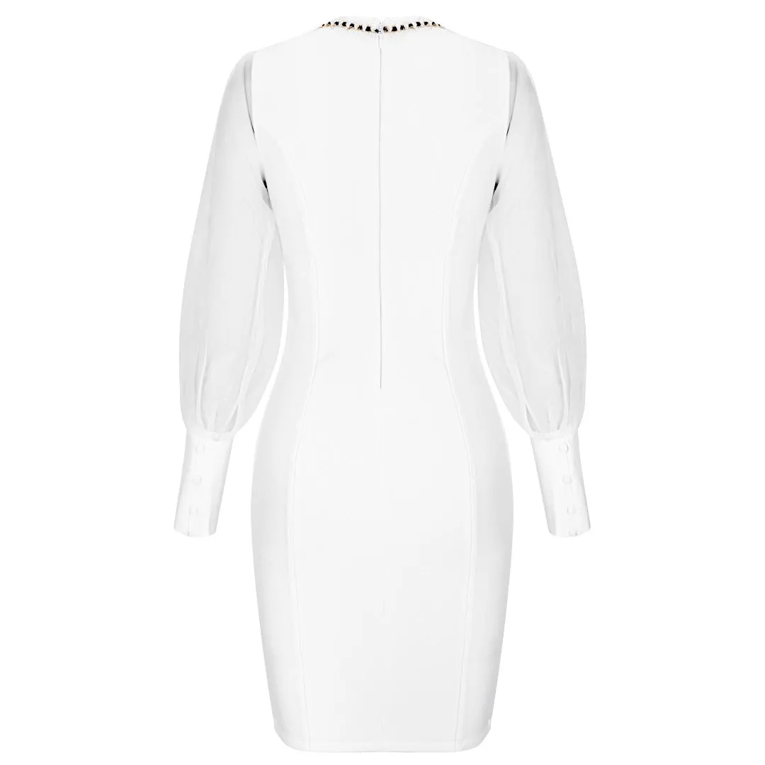 White Long Sheer Sleeve Bandage Bodycon Dress