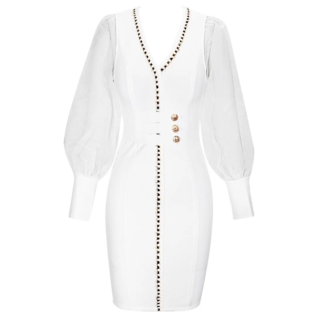 White Long Sheer Sleeve Bandage Bodycon Dress