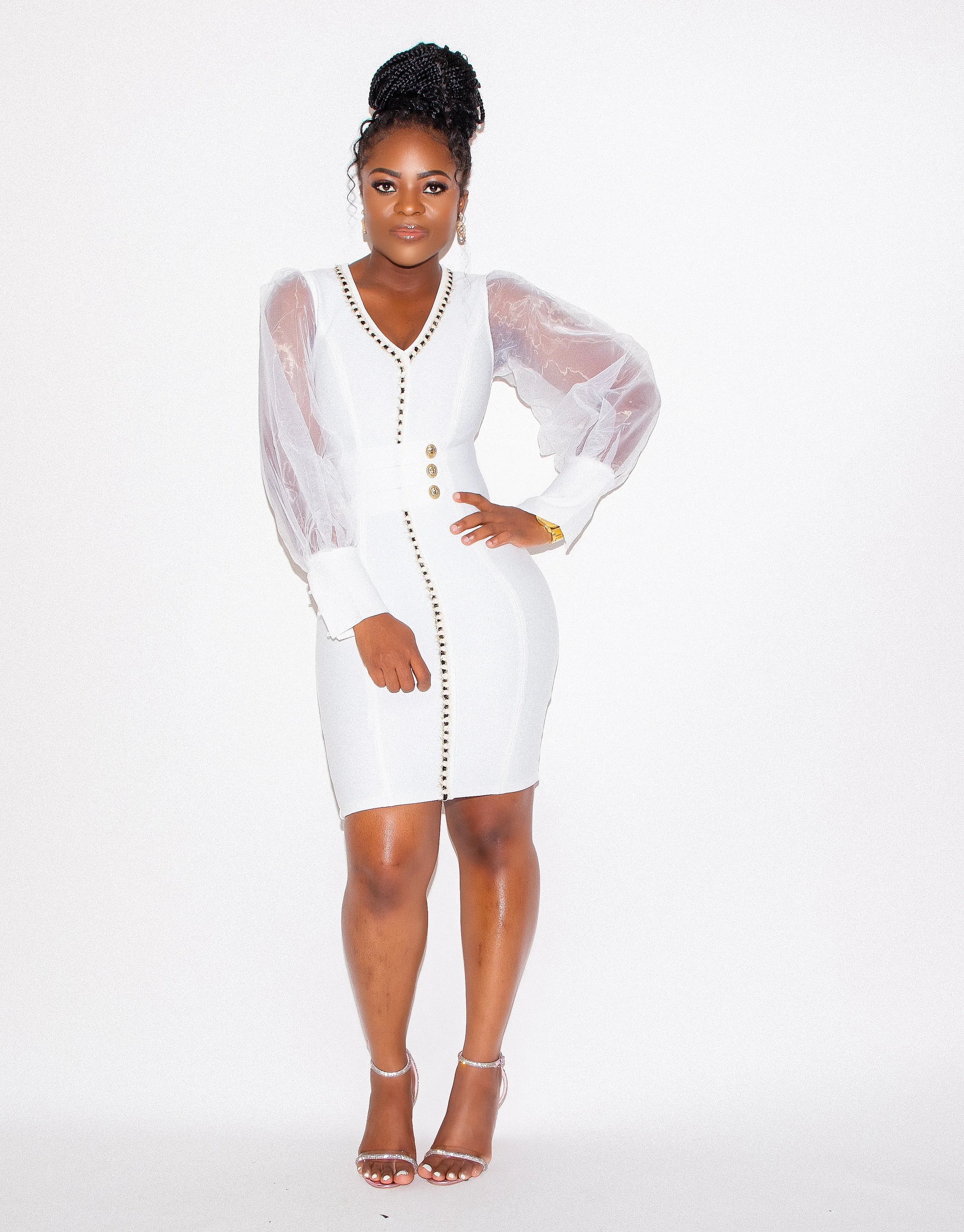 White Long Sheer Sleeve Bandage Bodycon Dress