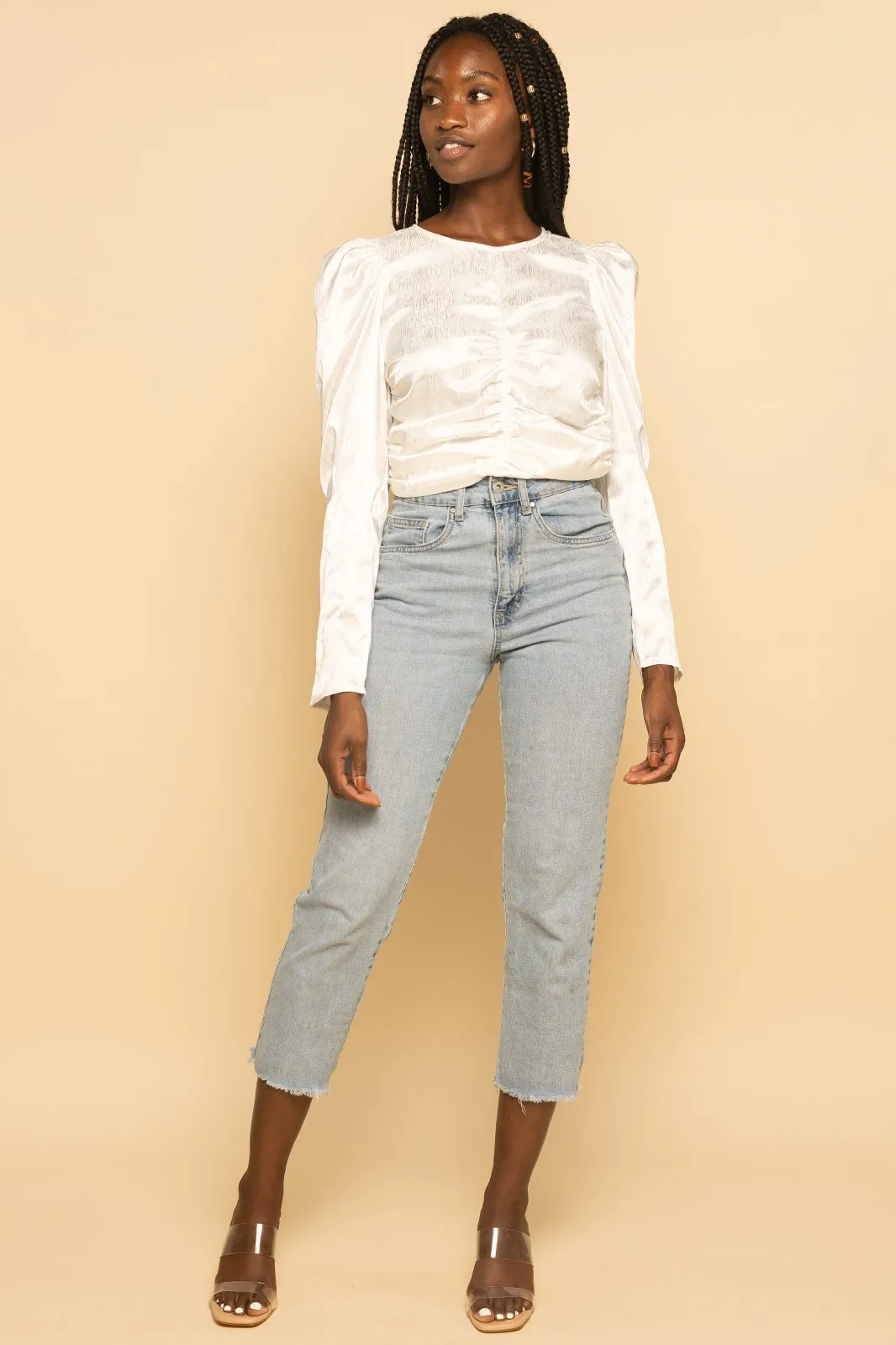 White Satin Puff Sleeve Ruched Front Long Sleeve Top