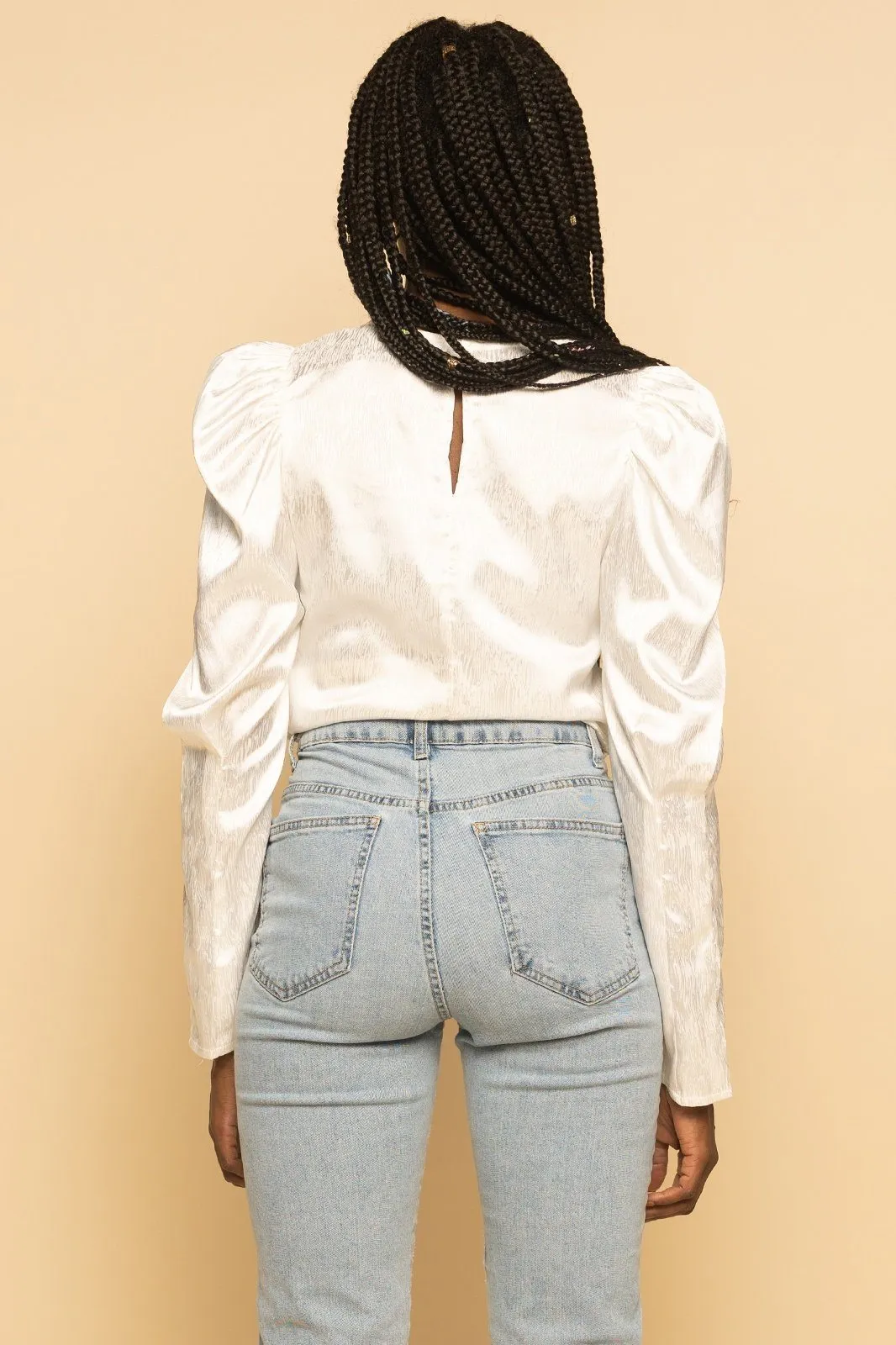 White Satin Puff Sleeve Ruched Front Long Sleeve Top