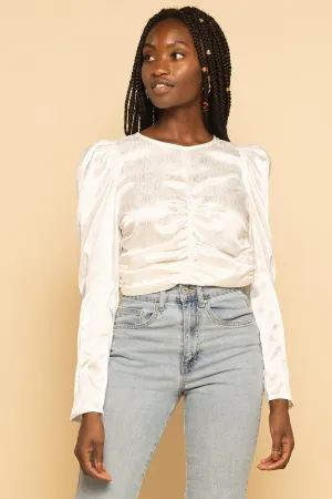 White Satin Puff Sleeve Ruched Front Long Sleeve Top