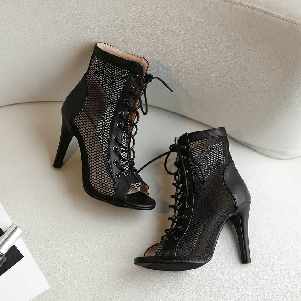 Women's Mesh Stitched Leather Cross Lacing Tall Ballroom Shoes Latin Salsa Jazz Performence Shoes,Model K92