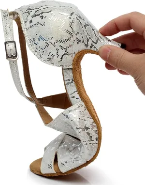 Wygwlg Women Printing Ballroom Dance Shoes, Latin Salsa Performance Dance Shoes, Suede Sole (Color : Silver 8.5cm, Size : 8.5)